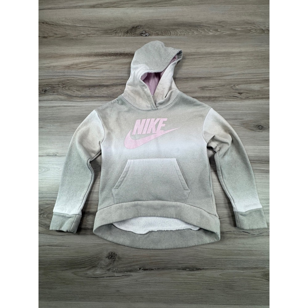 Nike Kids Grey Ombre Pink Glitter Logo Fleece Hoodie Sweatshirt‎ 6X
